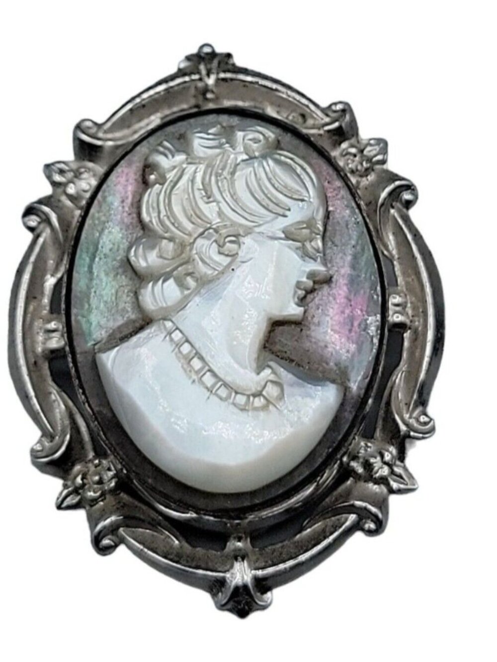 Curtis Creations Sterling Silver Abalone Mother of Pearl Cameo Brooch 1950s Rare